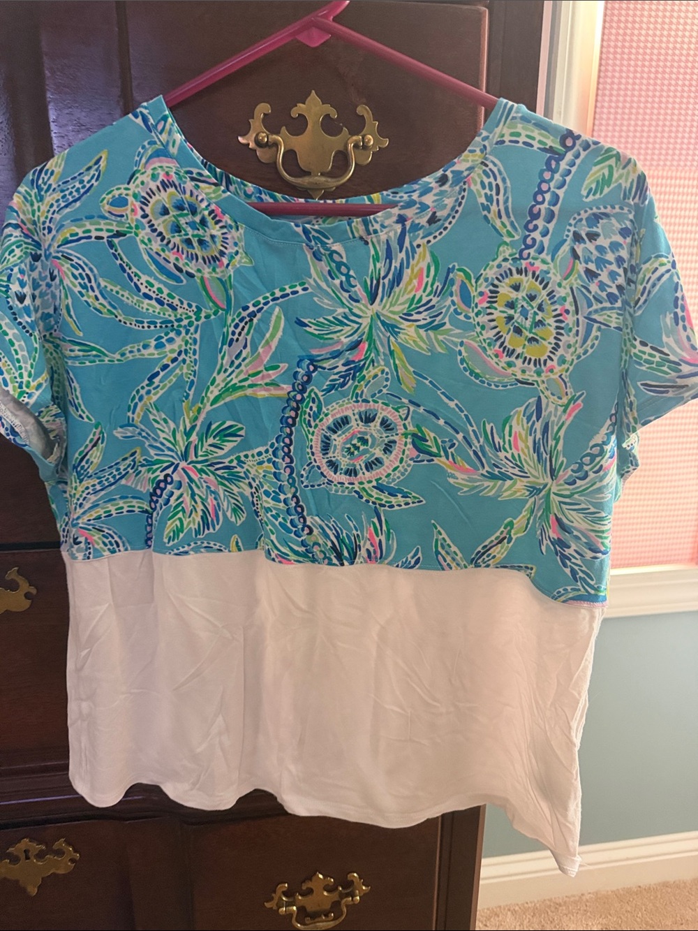 Lilly Pulitzer Women's Turquoise Printed Short Sleeve Colorblock Top